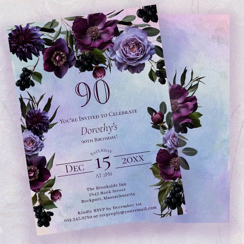 90th Birthday Moody Purple Gothic Flower Invitation