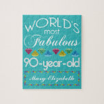 90th Birthday Most Fabulous Colorful Gem Turquoise Jigsaw Puzzle<br><div class="desc">Celebrate the milestone birthday of your favorite senior citizen with this fun gift reminding them of how fabulous they are. White and grey lettering on deep turquoise background. Colorful diamond-cut gems in rainbow tones serve as accent. Customize with names, initials or other text. This series is in increments of 5...</div>