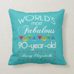 90th Birthday Most Fabulous Colorful Gem Turquoise Throw Pillow<br><div class="desc">Celebrate the milestone birthday of your favorite senior citizen with this fun gift reminding them of how fabulous they are. White and grey lettering on deep turquoise background. Colorful diamond-cut gems in rainbow tones serve as accent. Customize with names, initials or other text. This series is in increments of 5...</div>