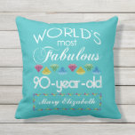 90th Birthday Most Fabulous Colorful Gem Turquoise Throw Pillow<br><div class="desc">Celebrate the milestone birthday of your favorite senior citizen with this fun gift reminding them of how fabulous they are. White and grey lettering on deep turquoise background. Colorful diamond-cut gems in rainbow tones serve as accent. Customize with names, initials or other text. This series is in increments of 5...</div>