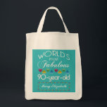 90th Birthday Most Fabulous Colorful Gem Turquoise Tote Bag<br><div class="desc">Celebrate the milestone birthday of your favorite senior citizen with this fun gift reminding them of how fabulous they are. White and grey lettering on deep turquoise background. Colorful diamond-cut gems in rainbow tones serve as accent. Customize with names, initials or other text. This series is in increments of 5...</div>