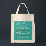 90th Birthday Most Fabulous Colorful Gem Turquoise Tote Bag<br><div class="desc">Celebrate the milestone birthday of your favorite senior citizen with this fun gift reminding them of how fabulous they are. White and grey lettering on deep turquoise background. Colorful diamond-cut gems in rainbow tones serve as accent. Customize with names, initials or other text. This series is in increments of 5...</div>