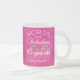 90th Birthday Most Fabulous Colorful Gems Pink Frosted Glass Coffee Mug
