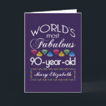 90th Birthday Most Fabulous Colorful Gems Purple Card<br><div class="desc">Celebrate the milestone birthday of your favorite senior citizen with this fun gift reminding them of how fabulous they are. White and gray lettering on deep purple background. Colorful diamonds in rainbow tones serve as accent. Customize with names, initials or other text. This series is in increments of 5 years...</div>