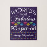 90th Birthday Most Fabulous Colorful Gems Purple Jigsaw Puzzle<br><div class="desc">Celebrate the milestone birthday of your favorite senior citizen with this fun gift reminding them of how fabulous they are. White and grey lettering on deep purple background. Colorful diamonds in rainbow tones serve as accent. Customize with names, initials or other text. This series is in increments of 5 years...</div>