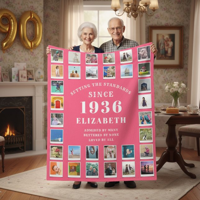 90th Birthday Mother Family Photo collage Pink Fleece Blanket (Born 1936 Pink fleece blanket held by an elderly couple.)