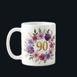 90th Birthday Mug – Floral Wreath with Gold Number<br><div class="desc">Celebrate 90 beautiful years with this elegant floral birthday mug! Featuring a stunning watercolor wreath of pink and violet flowers, lush green leaves, and a golden "90" at the center, this mug makes a perfect gift for any grandmother, mother, aunt, or friend turning 90. Delicate yet vibrant, it’s ideal for...</div>