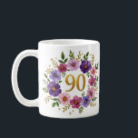 90th Birthday Mug – Floral Wreath with Gold Number<br><div class="desc">Celebrate 90 beautiful years with this elegant floral birthday mug! Featuring a stunning watercolor wreath of pink and violet flowers, lush green leaves, and a golden "90" at the center, this mug makes a perfect gift for any grandmother, mother, aunt, or friend turning 90. Delicate yet vibrant, it’s ideal for...</div>