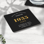 90th Birthday Name 1935 Black Gold Elegant Chic Square Paper Coaster<br><div class="desc">Premium 90th Birthday Black and Gold Personalized Paper Coasters - Celebration Elegance. Celebrate a milestone birthday in style with our chic, premium-quality, 90th Birthday paper coasters. Exquisitely designed with a striking black and gold color scheme, these coasters add a touch of luxury and sophistication to any 90th birthday bash. Express...</div>