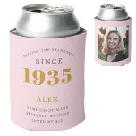 90th Birthday Name 1935 Chic Pink Grey Photo Can Cooler<br><div class="desc">A personalized elegant can cooler that is easy to customize for that special birthday party occasion.</div>