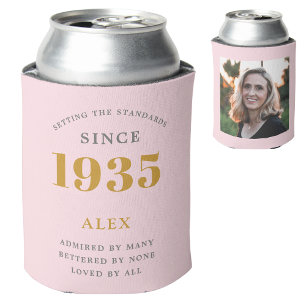 90th Birthday Name 1935 Chic Pink Grey Photo Can Cooler