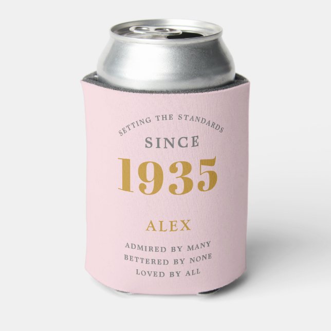 90th Birthday Name 1935 Pink Grey Elegant Chic Can Cooler (Can Back)