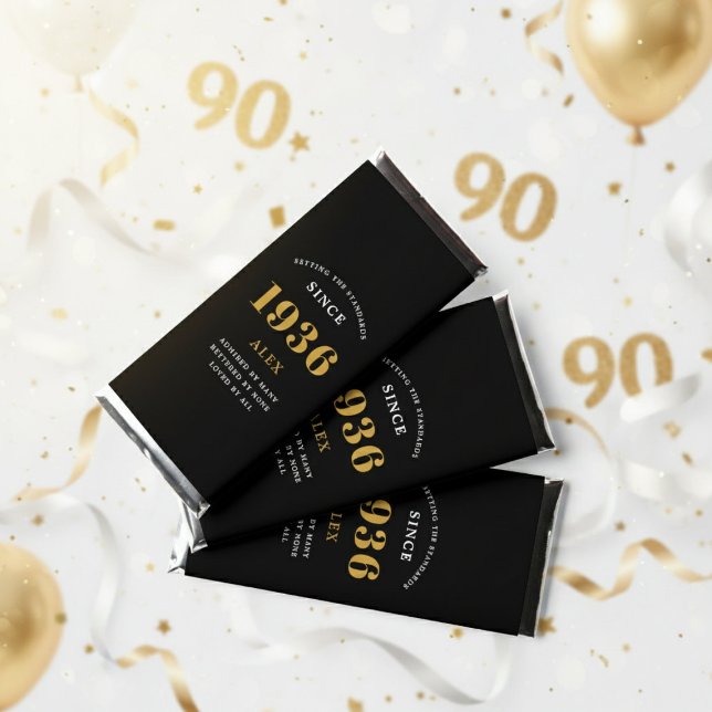 90th Birthday Name 1936 Black Gold Elegant Chic Hershey Bar Favors (1936 candy bar wrapper. White background.)