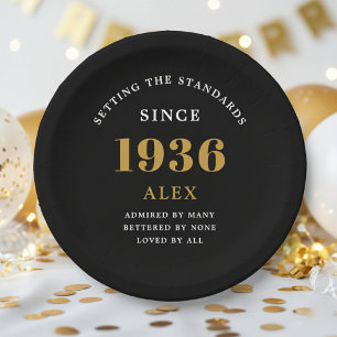 90th Birthday Name 1936 Black Gold Elegant Chic Paper Plates