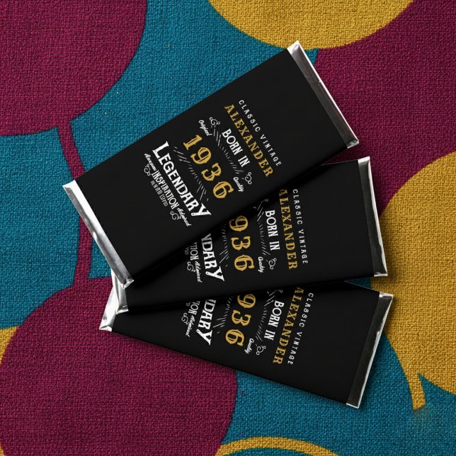 90th Birthday Name 1936 Black Gold Legend Hershey Bar Favors (Born 1936 Hershey bar wrappers. Multicolor background.)