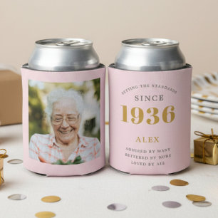 90th Birthday Name 1936 Chic Pink Grey Photo Can Cooler