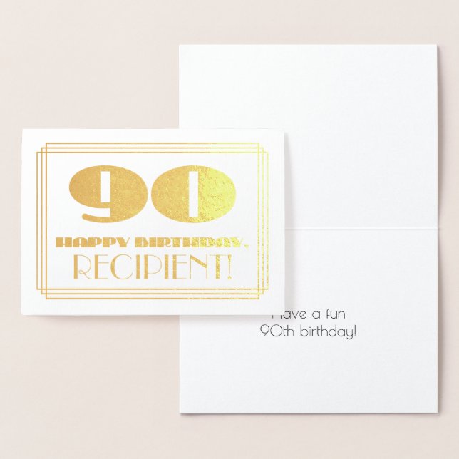90th Birthday; Name + Art Deco Inspired Look "90" Foil Card (Display)