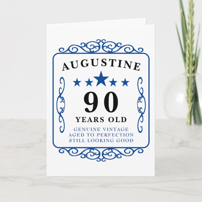 90th Birthday Name Blue Vintage Manly Elegant Card (Front)