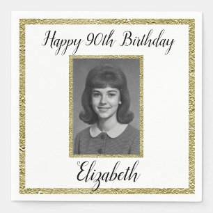 90th Birthday Napkins Custom Photo White and Gold