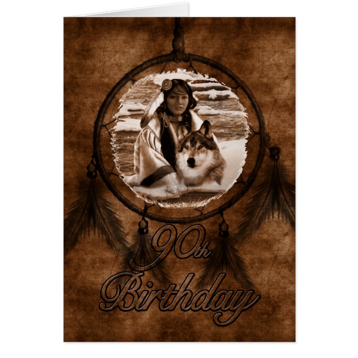 90th Birthday Native American Wolf and Dreamcatche Cards