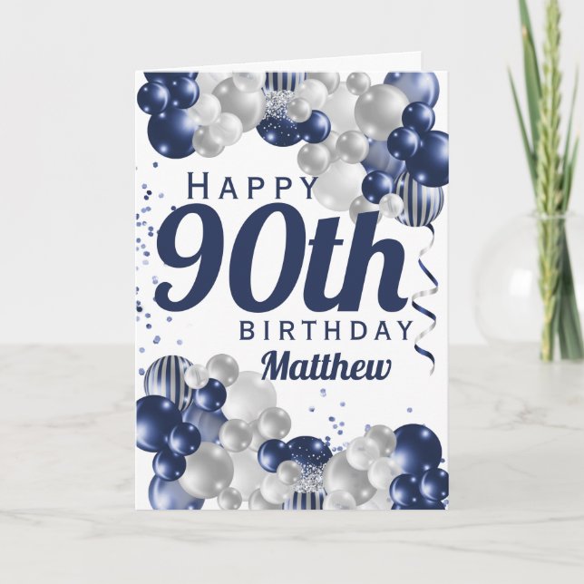 90th Birthday Navy Balloons Card (Front)