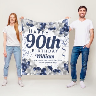 90th Birthday Navy Balloons Fleece Blanket