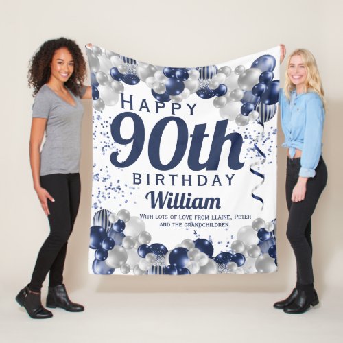 90th Birthday Navy Balloons Fleece Blanket
