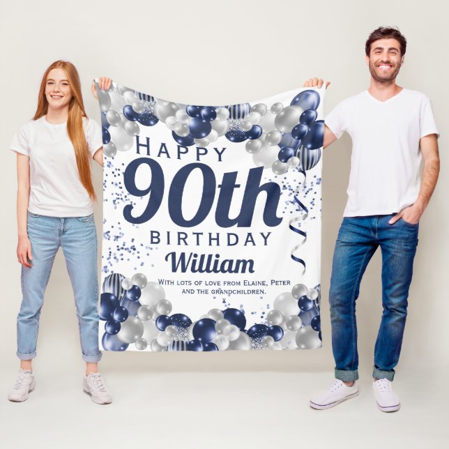 90th Birthday Navy Balloons Fleece Blanket (In Situ)