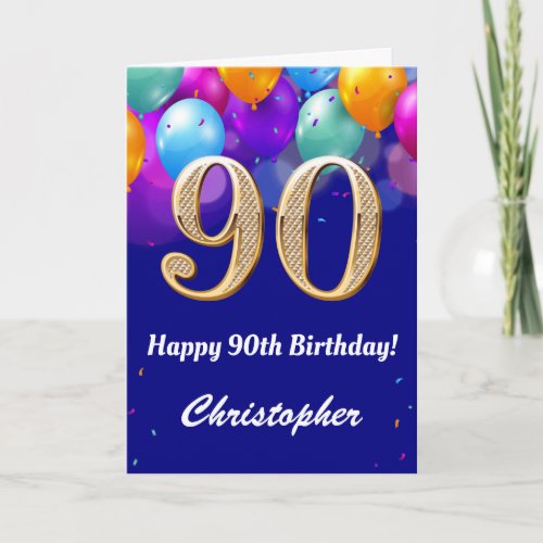 90th Birthday Navy Blue and Gold Colorful Balloons Card