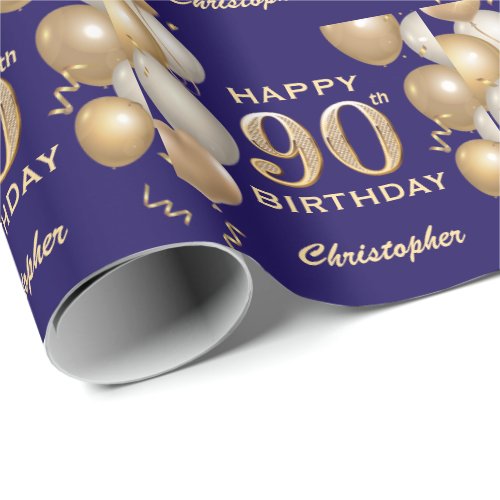 90th Birthday Navy Blue and Gold Glitter Balloons Wrapping Paper