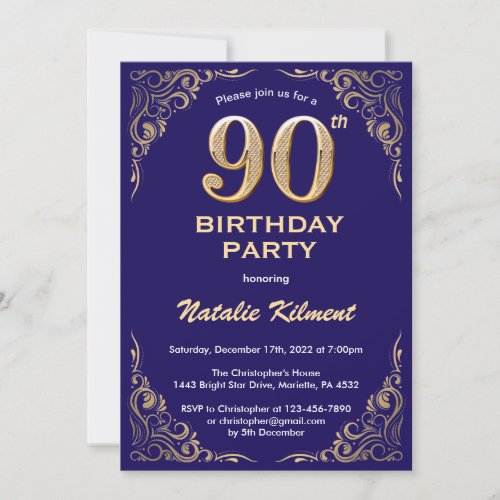 90th Birthday Navy Blue and Gold Glitter Frame Invitation