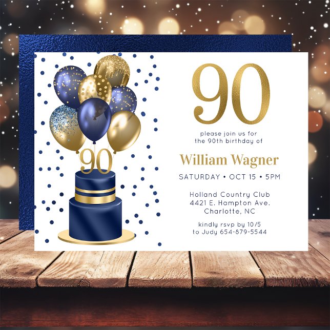 90th Birthday Navy Blue Balloon Cake Invitation (Creator Uploaded)