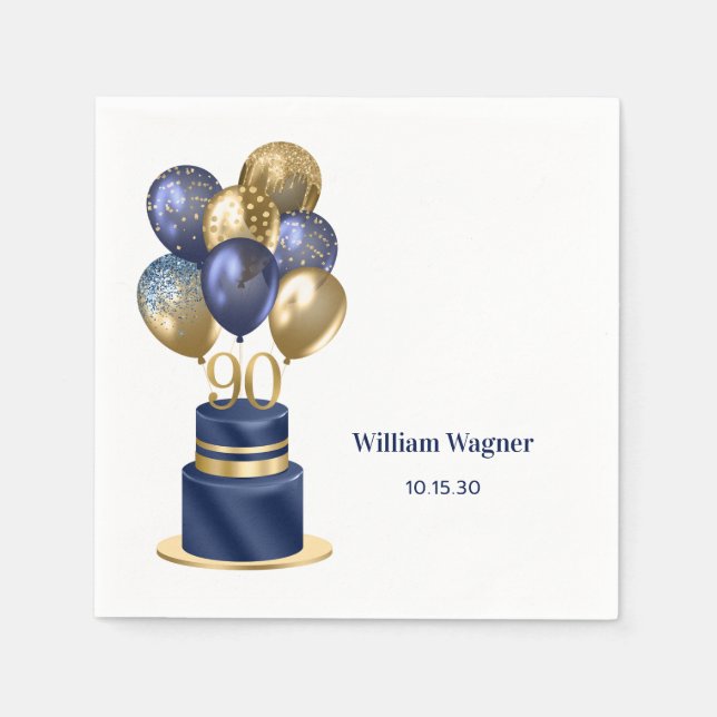 90th Birthday Navy Blue Balloon Cake Napkins (Front)