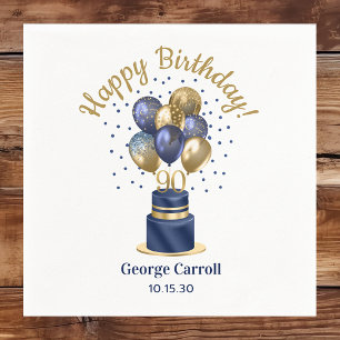 90th Birthday Navy Blue Balloon Cake Paper Dinner Napkins