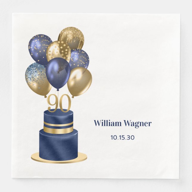 90th Birthday Navy Blue Balloon Cake Paper Dinner Napkins (Front)