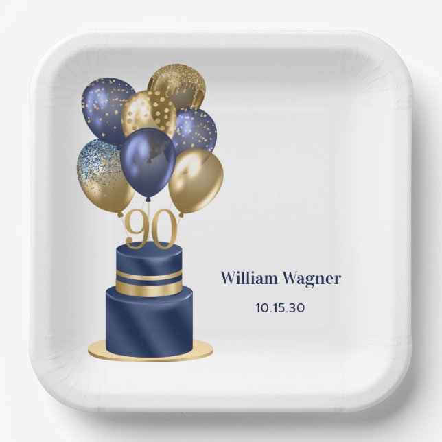 90th Birthday Navy Blue Balloon Cake Paper Plates (Front)