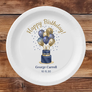 90th Birthday Navy Blue Balloon Cake Paper Plates