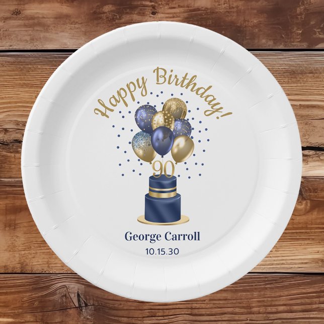 90th Birthday Navy Blue Balloon Cake Paper Plates (Creator Uploaded)