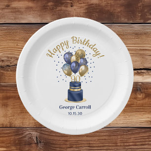 90th Birthday Navy Blue Balloon Cake Paper Plates