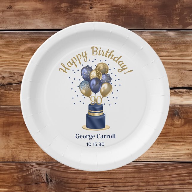 90th Birthday Navy Blue Balloon Cake Paper Plates (Creator Uploaded)