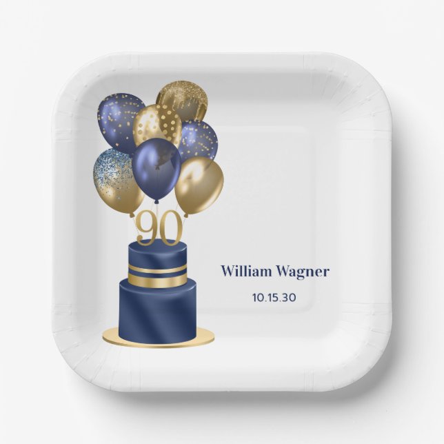 90th Birthday Navy Blue Balloon Cake Paper Plates (Front)