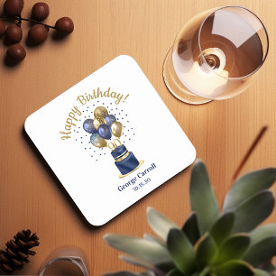 90th Birthday Navy Blue Balloon Cake Square Paper Coaster