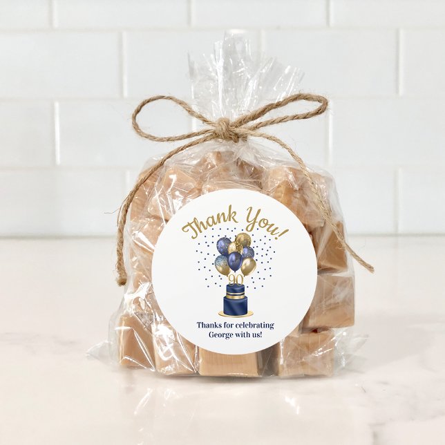 90th Birthday Navy Blue Balloon Cake Thank You Classic Round Sticker (Creator Uploaded)
