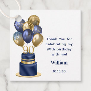 90th Birthday Navy Blue Balloon Cake Thank You Favor Tags