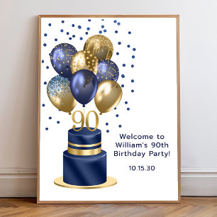 90th Birthday Navy Blue Balloon Cake Welcome Poster
