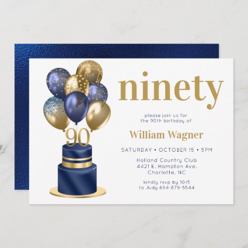 90th Birthday Navy Blue Cake Invitation