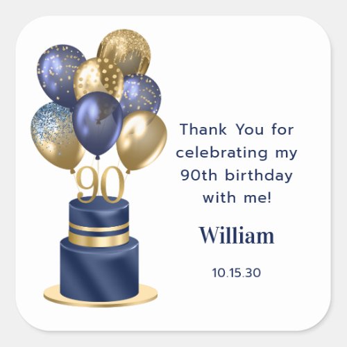 90th Birthday Navy Blue Cake Thank You Square Sticker