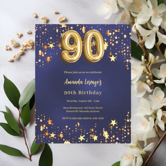 90th birthday navy blue gold stars invitation (Creator Uploaded)