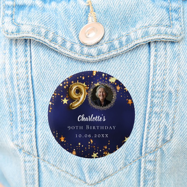 90th birthday navy blue gold stars photo button (Creator Uploaded)