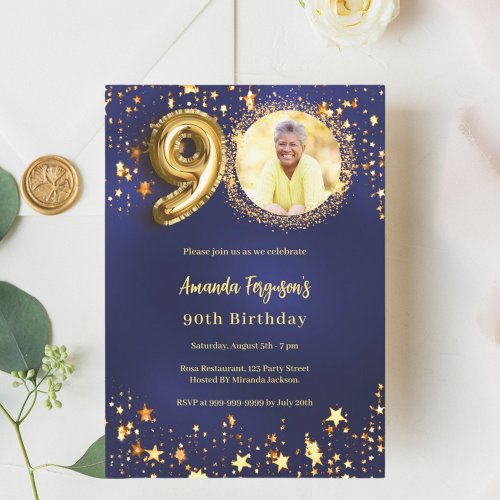 90th birthday navy blue gold stars photo luxury invitation